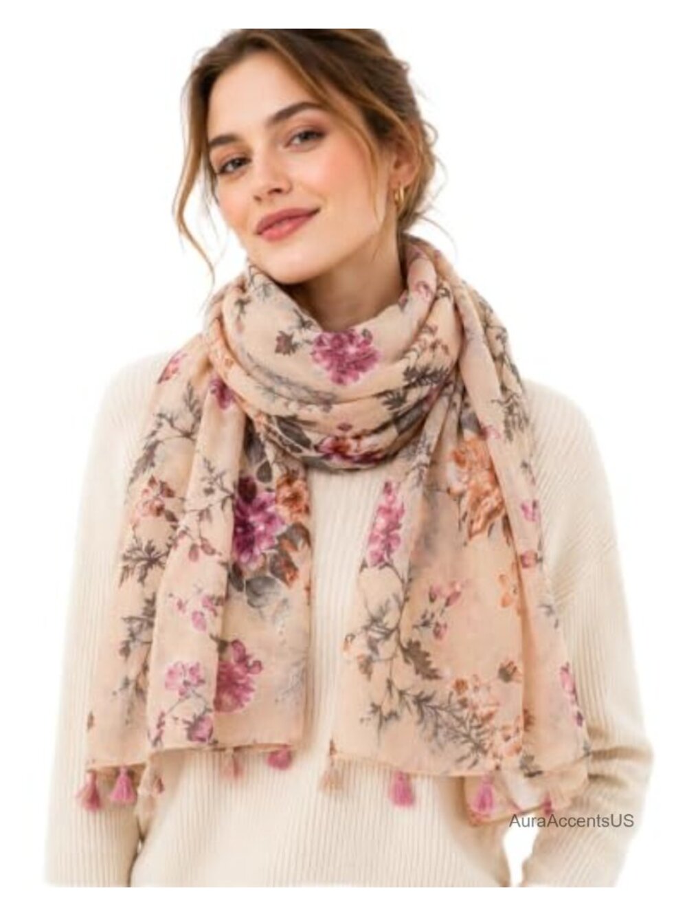 Large Boho Floral Print Fringed Shawl Wrap Scarf Lightweight Voile Women